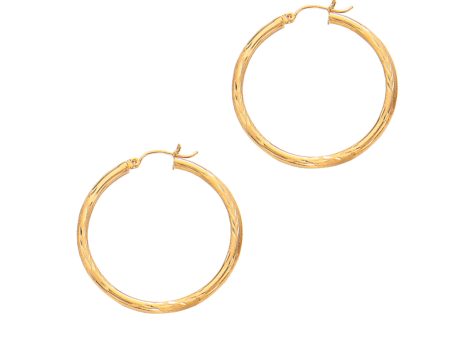 14K Yellow Gold 2x25mm Diamond Cut & Polished Design Hoop Earring Online Sale