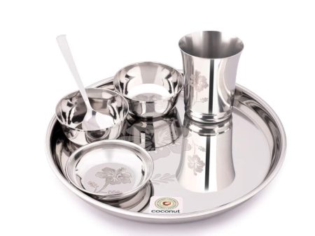 Coconut Stainless Steel Platina Laser Design Dinner Set - 6pc, Solid, Heavy Gauge   Plate, Bowl, Glass, Spoon Set   Serves One Person   Lunch Set   Dinner Set, Laser Design dinner set   Tableware   Dining Set, Model - Platina Gift Set Online Hot Sale