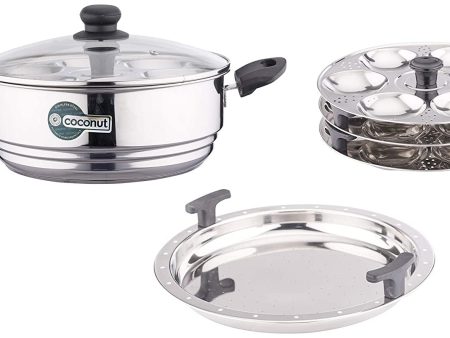 Coconut Stainless Steel Triply Idli Cooker - Glass Lid, Steamer Plate, Heavy Gauge, Thick bottom, Mirror finish, Induction and Gas Stove Based, Sandwich Bottom   Idli Cooker with Steamer, Model - Multipurpose Steamer (20 Idlies) without Combo Cheap