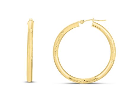 14K Yellow Gold 3mm Diamond Cut & Polished Design Hoop Earring Sale