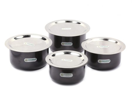 Coconut Hard Anodised Tope Patila for Cook and Serve with SS Lid and Gas Stove & Induction Base Top Compatible - 3 Unit - Capacity - 1.5 Litre, 2 Litre, 2.5 Litre, 3 Litre (Dimension - 18Cm, 20cm, 21cm, 23cm) Online Sale