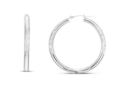 14K White Gold 3mm Diamond Cut & Polished Design Hoop Earring For Cheap