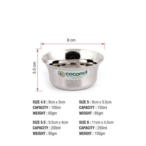 Coconut Stainless Steel Heavy Gauge, Solid Bowl  Vati   Katori   Set of 6- Available sizes in Capacity 100ml, 150ml, 200ml, 250ml Each,Model-C23 Shower Pari, Serving Bowls for Soup, Salad, Dessert, Dal, Vegetable Fashion