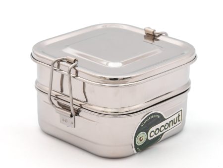 Coconut Stainless Steel Square Double Decker Lunch Box - 1 Unit (2 Tier with Plate) For Cheap