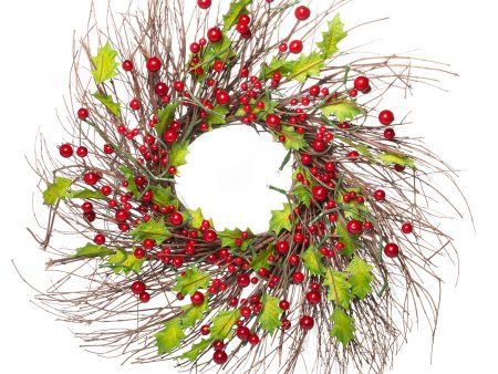 22 Inch Light-Up Christmas Wreath with Red Cranberries, Plug-in Operated LED Lights Online now