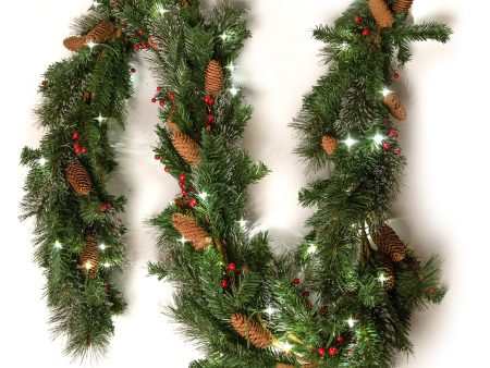 9 Ft Light-Up Christmas Garland with Pine & Red Cranberries, Plug-in Operated LED Lights, 108  x 10  For Sale