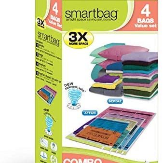 SmartBag Cube Instant Space Saver Storage - 4 Bags - Airtight Double Zipper - Vacuum Seal - for Clothing, Pillows, and More Organization Supply