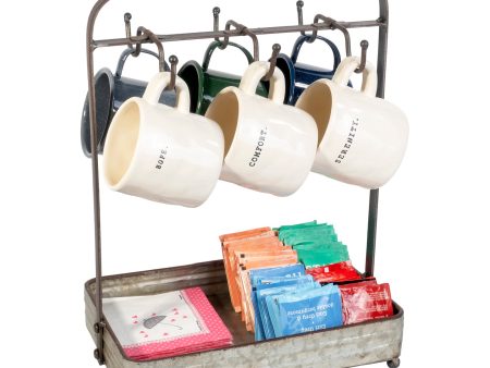 Red Co. 17” Tall Galvanized Metal Tabletop Mug Rack with 6 Hooks & Organizer Tray for Coffee, Tea, Sugar For Cheap