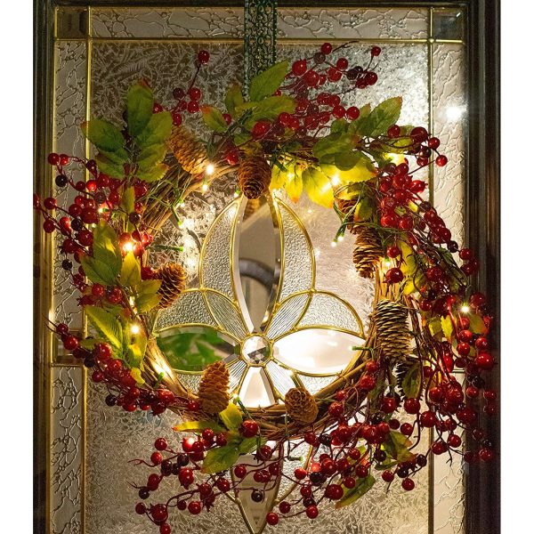 22 Inch Light-Up Christmas Wreath with Red Cranberries, Pinecones & Leaves, Battery Operated LED Lights with Timer Sale