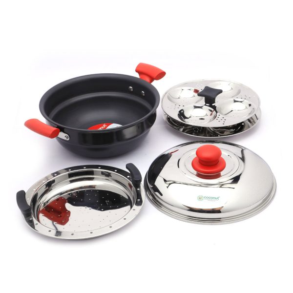 Coconut Hard Anodised Multi kadai 12 idly , Stainless Steel 3plate with steamer - Induction Base Sale