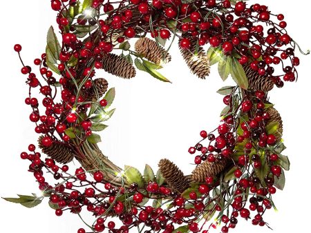 22 Inch Light-Up Christmas Wreath with Red Cranberries, Pinecones & Leaves, Battery Operated LED Lights with Timer Sale