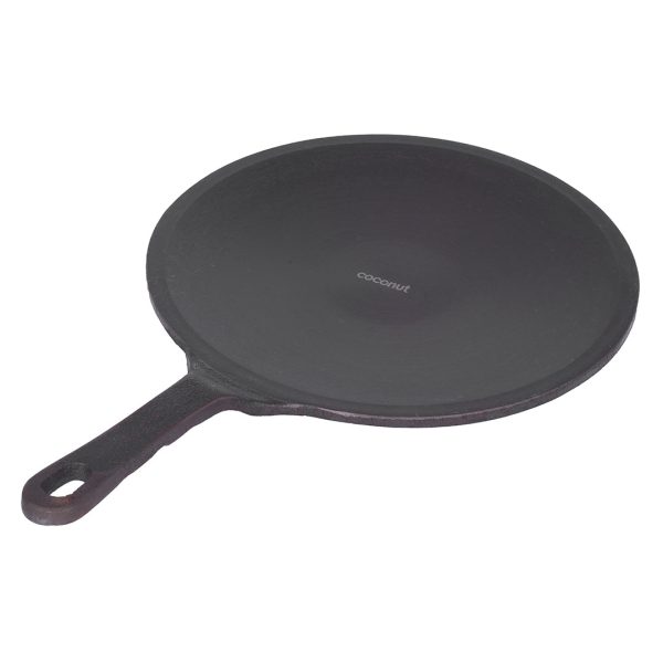 Coconut cast iron Chapati tawa - pre seasoned with 100% vegetable oil with natural oven heated golden finidh, food grade , Single handle , smooth surface ready to use, 26cm For Cheap