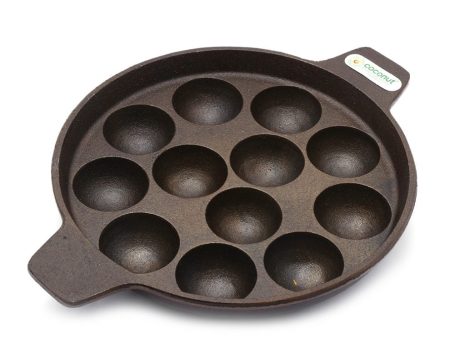 Coconut Cast iron paniyarakkal Paniyaram Pan Paddu Maker 12pit Appam Pan - pre seasoned with 100% vegetable oil with natural oven heated golden finish, food grade , smooth surface ready to use on Sale