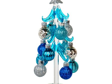 8 Inch Mini Glass Christmas Tree Tabletop Decoration with Colorful Removable Ornaments, Blue & Silver Supply