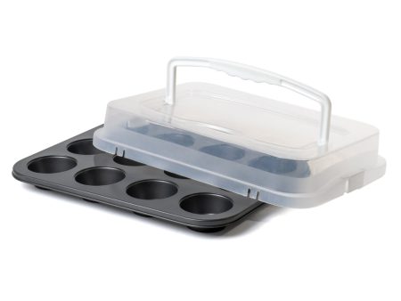 Premium Non-Stick Coated 12-Cup Muffin Baking Pan with Lid and Handles - Cupcake Carrier Holder - 13.8  x 10.3  x 1.2  Hot on Sale