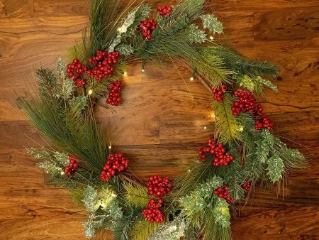 22 Inch Light-Up Christmas Wreath with Pine & Red Cranberries, Battery Operated LED Lights with Timer on Sale