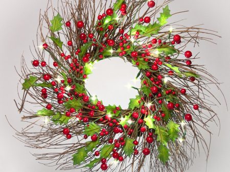 22 Inch Light-Up Christmas Wreath with Red Cranberries, Battery Operated LED Lights with Timer Fashion