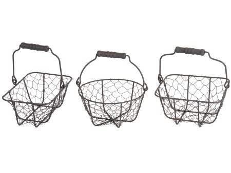 All-Purpose Display Baskets in 3 Shapes, Gray Metal Wire with Wood Handle, Rectangle- 5 Inches, Square- 6.75 Inches and Circle- 7.5 Inches Hot on Sale