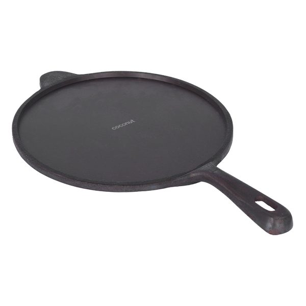 Coconut cast iron dosa tawa - pre seasoned with 100% vegetable oil with natural oven heated golden finidh, food grade , Single handle , smooth surface ready to use, 26cm For Sale