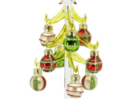 6 Inch Mini Glass Christmas Tree Tabletop Decoration with 9 Colorful Removable Ornaments — Silver Glitter Stripes on Sale