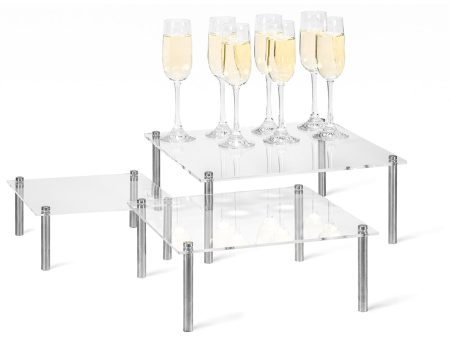 Red Co. Set of 3 (8”, 10”, 12”) Square Clear Acrylic Tabletop Display Risers with Silver Metal Legs Supply