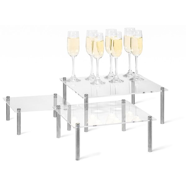 Red Co. Set of 3 (8”, 10”, 12”) Square Clear Acrylic Tabletop Display Risers with Silver Metal Legs Supply